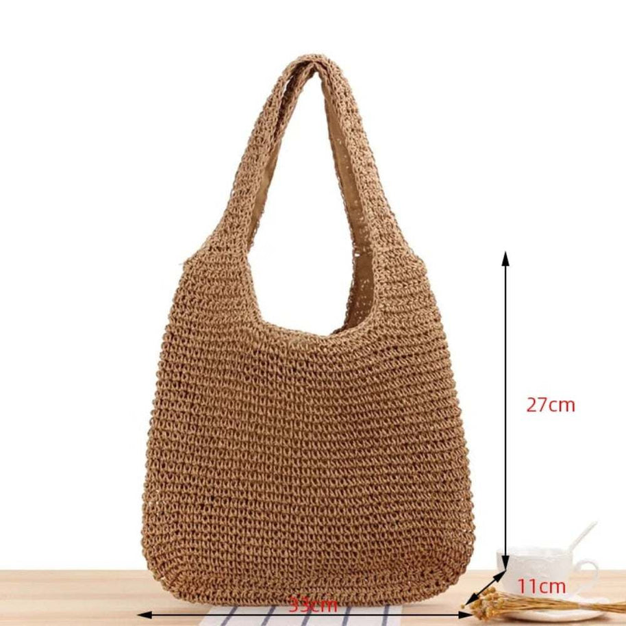 Casual Summer Shoulder Beach Bag in bohemian straw design with spacious interior and sturdy construction