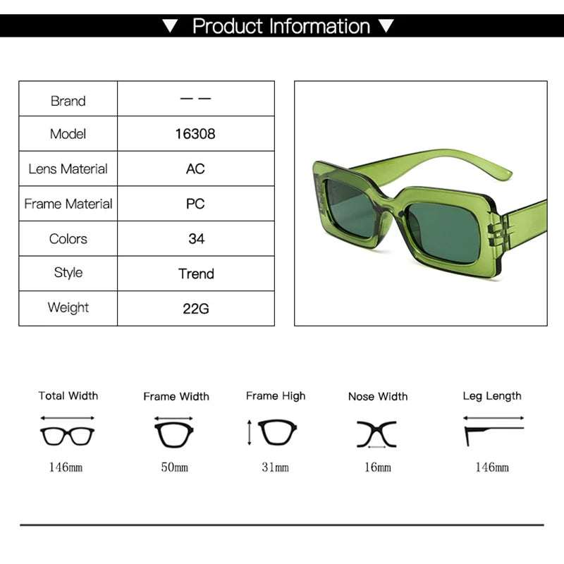 Green vintage rectangle sunglasses for women with polycarbonate frame and UV400 resin lenses