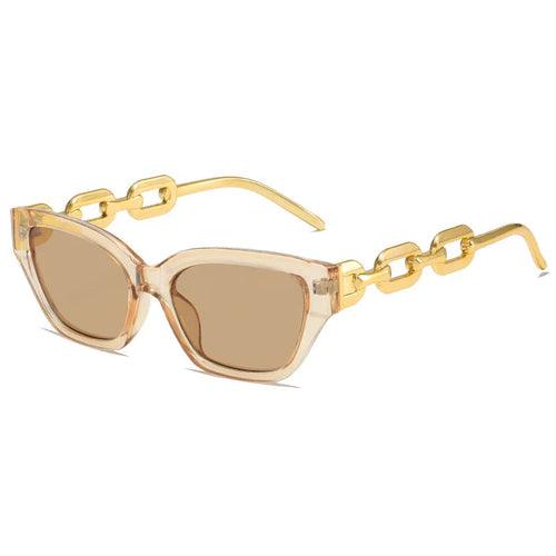 Fashion Cat Eye Sunglasses with gold chain arms and brown lenses for UV protection and style