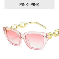 Pink cat eye sunglasses with gold chain temples and pink gradient mirrored lenses