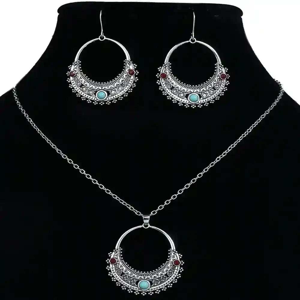 Rustic Tribal Stone Set handmade silver necklace and earrings with turquoise and red stone accents in tribal design