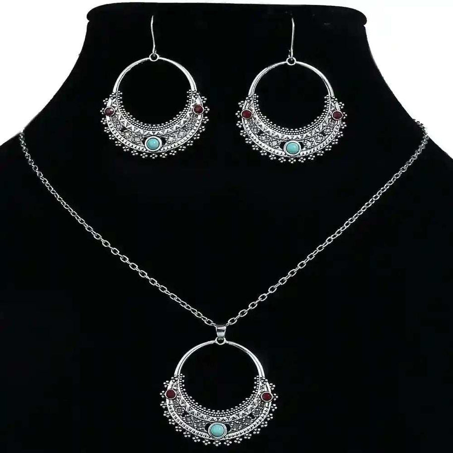 Rustic Tribal Stone Set handmade silver necklace and earrings with turquoise and red stone accents in tribal design