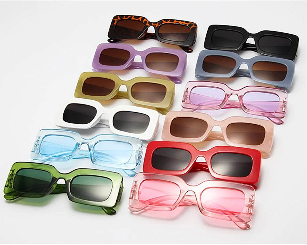 Collection of new vintage rectangle sunglasses in various colors with UV400 resin lenses and polycarbonate square frames for women