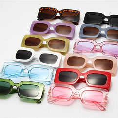 Collection of new vintage rectangle sunglasses in various colors with UV400 resin lenses and polycarbonate square frames for women