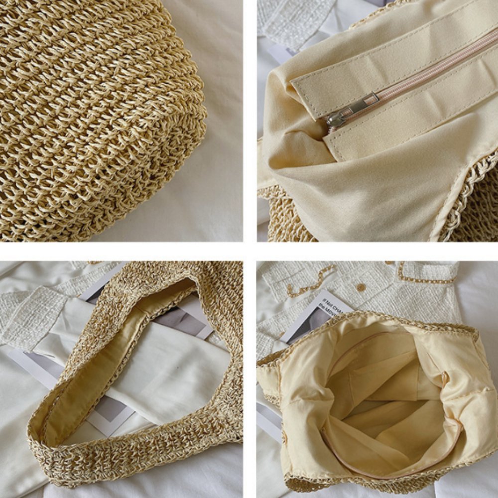 Casual summer shoulder beach bag made of straw with roomy polyester lining and open closure, perfect for bohemian style and beach essentials.