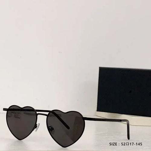 Heart a luv sunglasses with heart-shaped black lenses and thin black metal frames, 52mm size, stylish and UV400 protected eyewear.