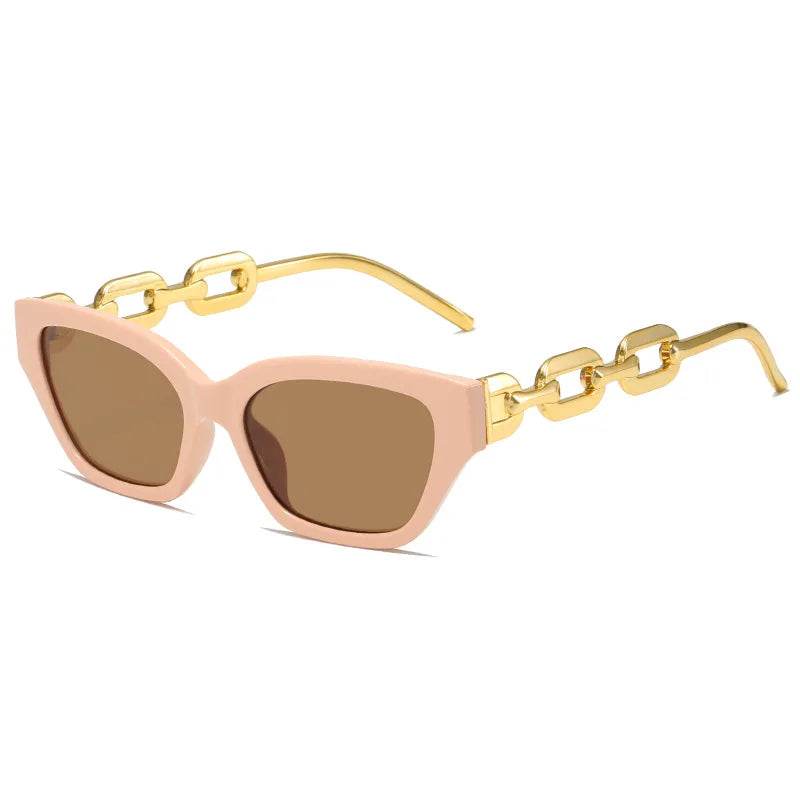 Fashion Cat Eye Sunglasses with pink frame and gold chain temples, UV400 protection, mirror lenses.