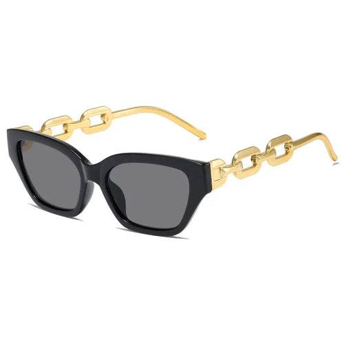 Fashion Cat Eye Sunglasses with black frame and gold chain temples, UV400 protection and mirror lenses
