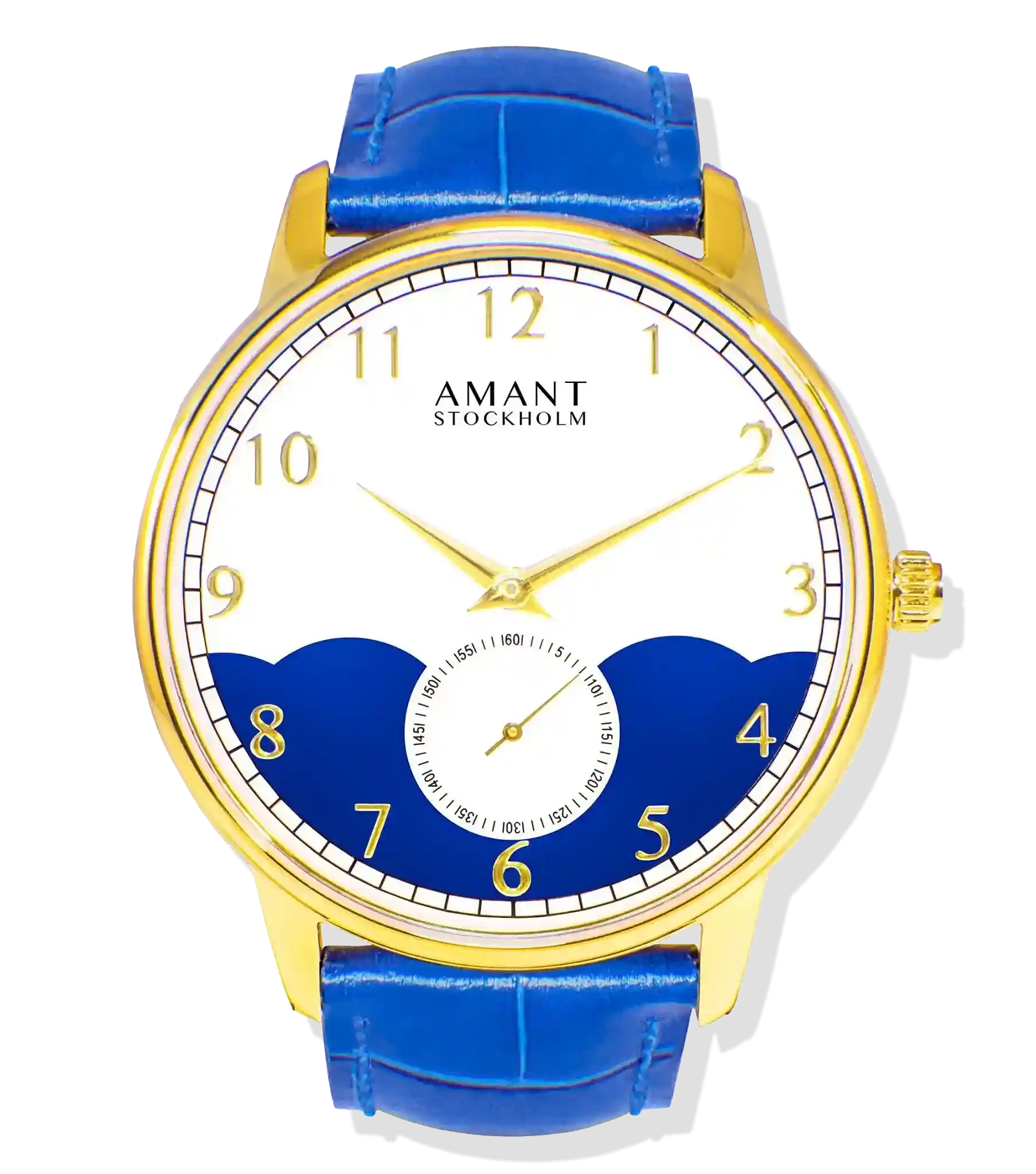 Stockholm Ultra-Thin Watch with gold case, blue leather strap, minimalist dial, and modern Scandinavian design