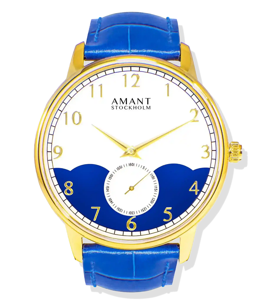 Stockholm Ultra-Thin Watch with gold case, blue leather strap, minimalist dial, and modern Scandinavian design