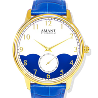 Stockholm Ultra-Thin Watch with gold case, blue leather strap, minimalist dial, and modern Scandinavian design