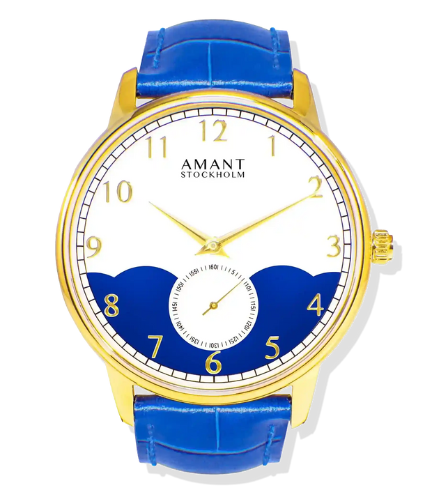 Stockholm Ultra-Thin Watch with gold case, blue leather strap, minimalist dial, and modern Scandinavian design
