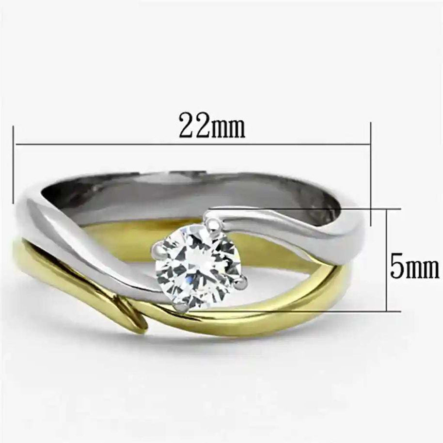 Two-tone CZ stainless steel ring with clear cubic zirconia and gold and silver finishes measuring 22mm by 5mm