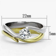 Two-tone CZ stainless steel ring with clear cubic zirconia and gold and silver finishes measuring 22mm by 5mm