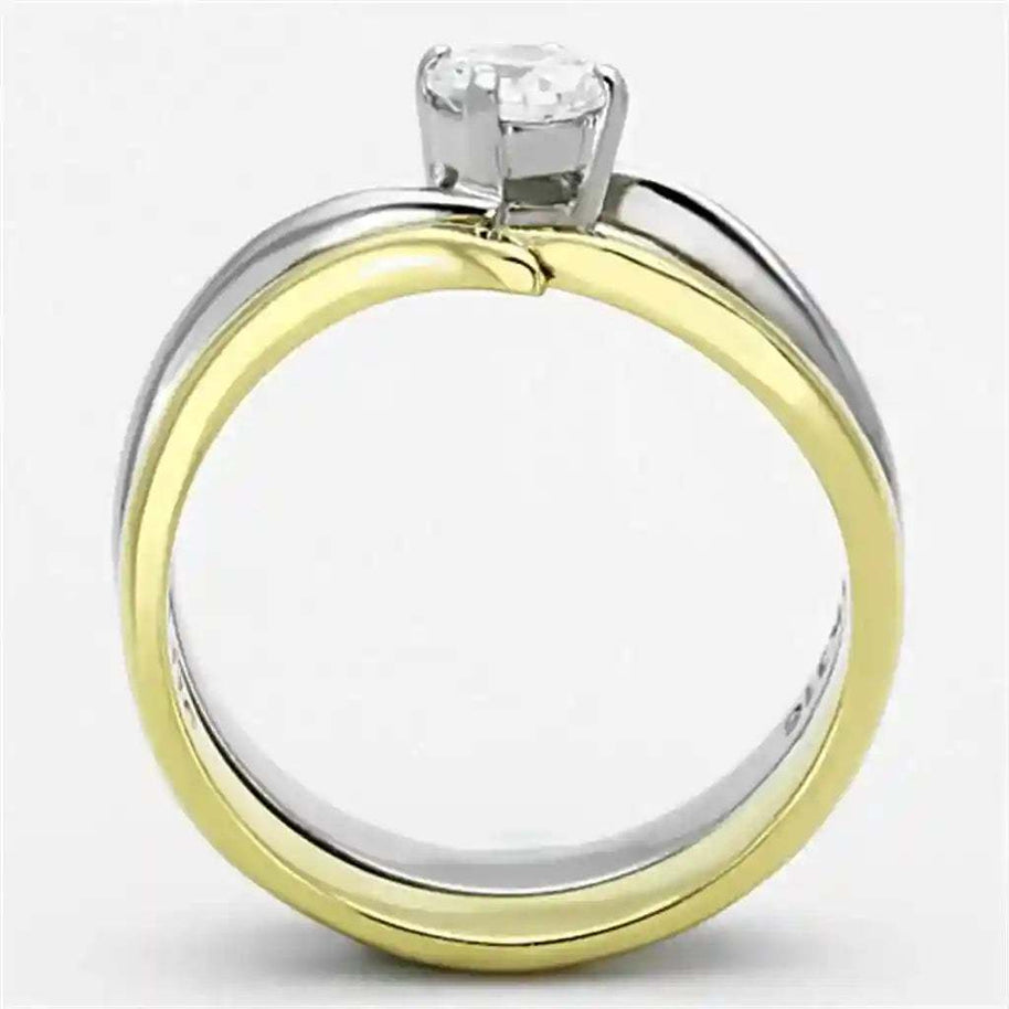 Two-Tone CZ Stainless Steel Ring with gold and silver finishes and clear cubic zirconia centerpiece