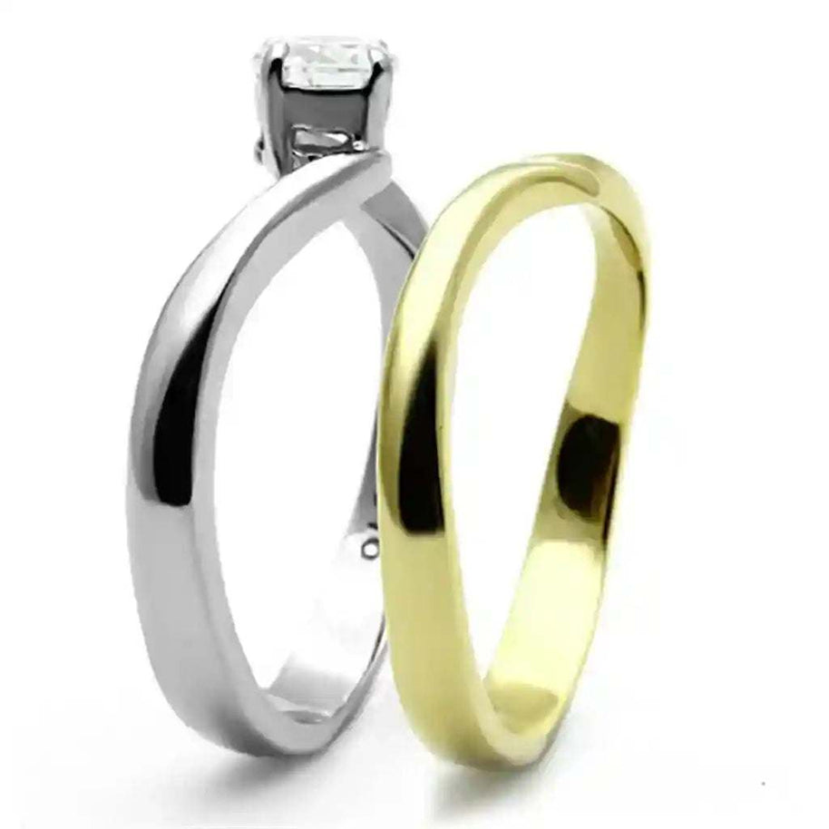 Two-Tone CZ Stainless Steel Ring with clear cubic zirconia and dual gold and stainless finishes