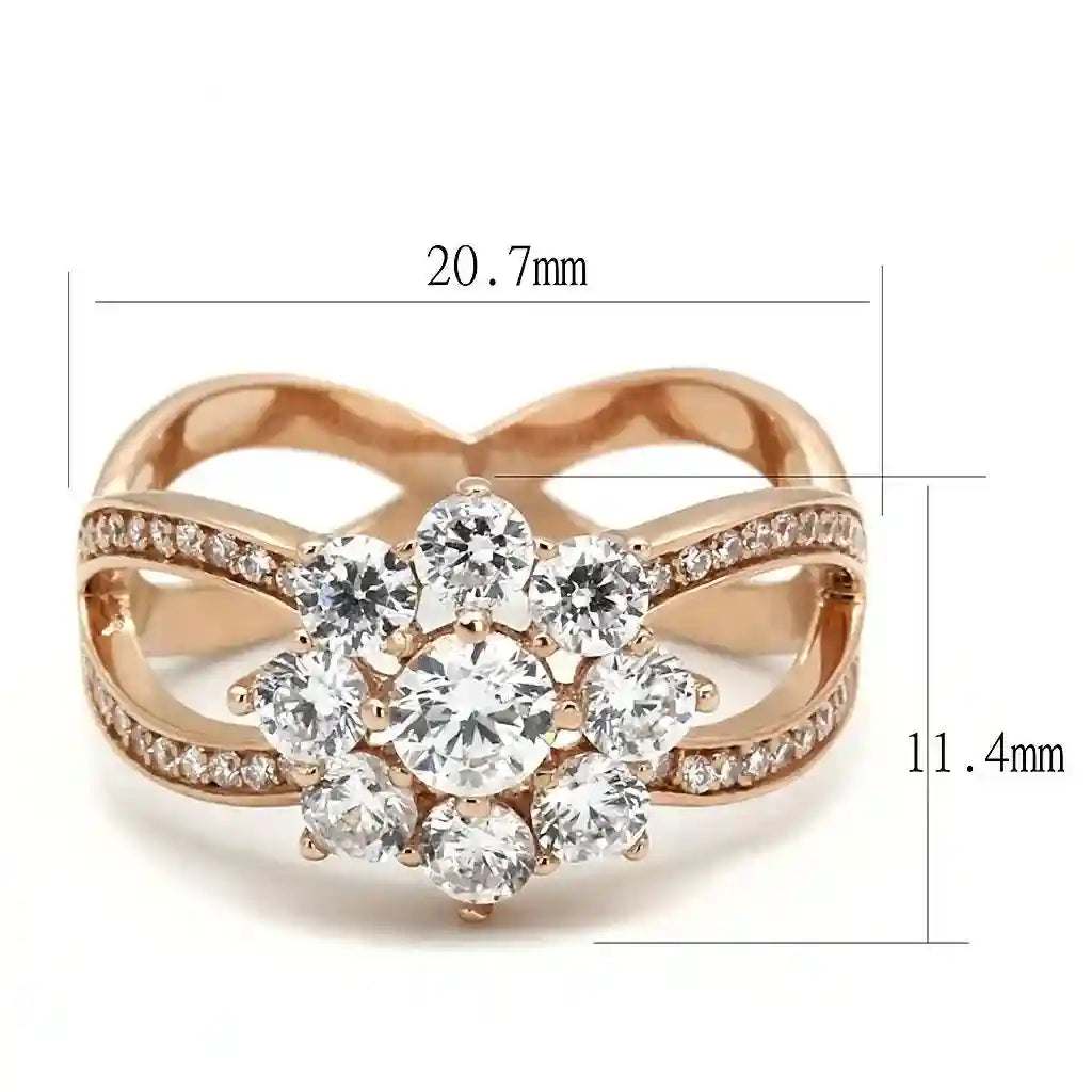 Rose Gold CZ Sterling Ring with clear cubic zirconia, 20.7mm width, 11.4mm height, elegant floral design.