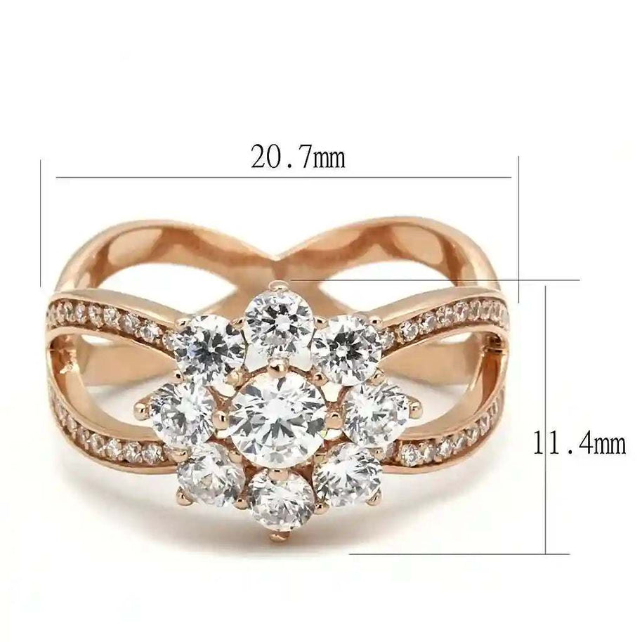 Rose Gold CZ Sterling Ring with clear cubic zirconia, 20.7mm width, 11.4mm height, elegant floral design.