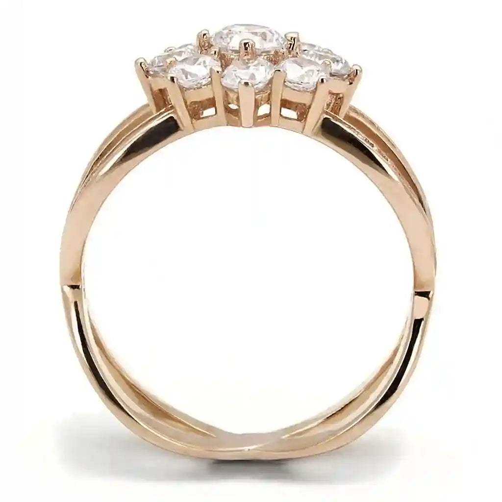 Rose gold sterling silver ring with clear cubic zirconia cluster centerpiece, elegant and durable design.
