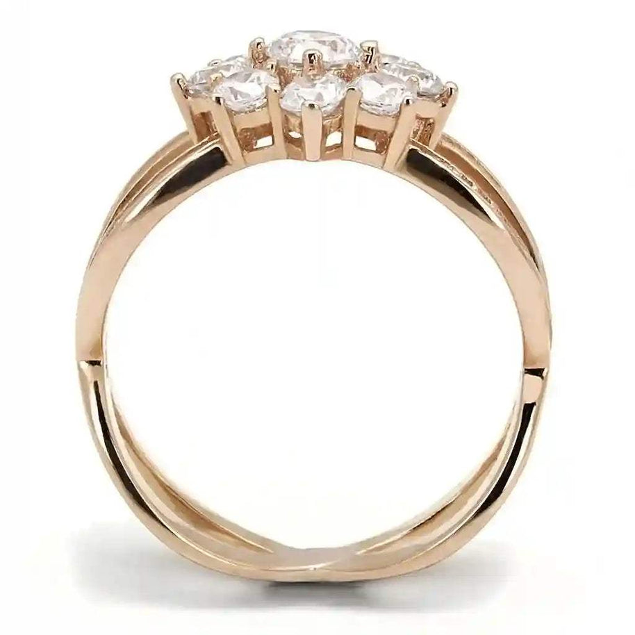 Rose gold sterling silver ring with clear cubic zirconia cluster centerpiece, elegant and durable design.