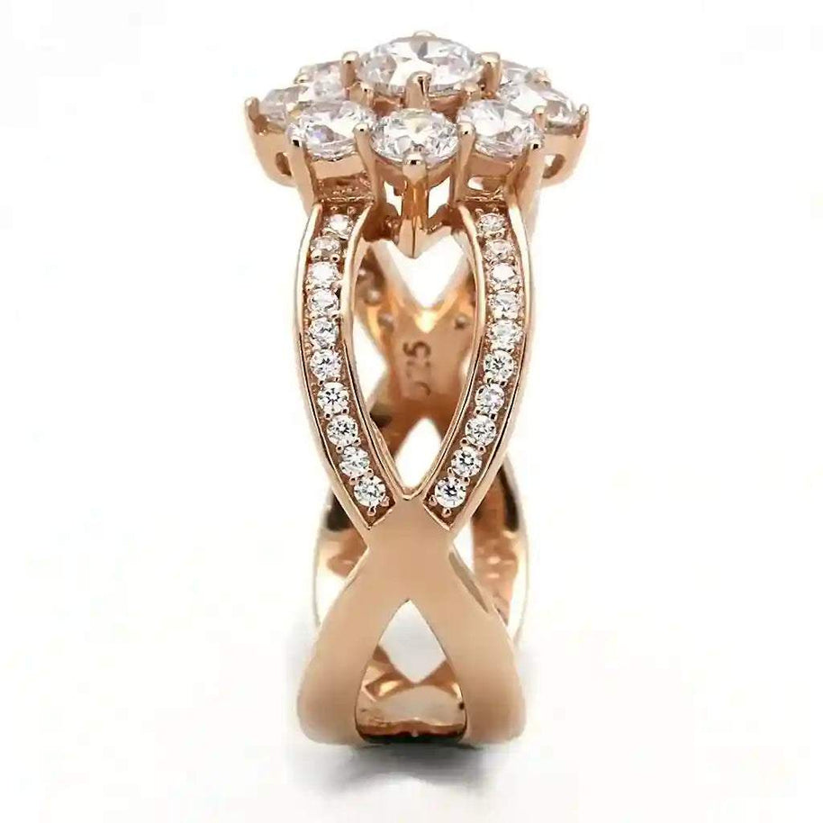 Rose gold sterling silver ring with clear cubic zirconia stones and elegant crisscross design