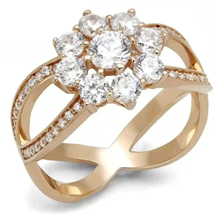 Rose Gold CZ Sterling Ring with clear cubic zirconia flower design and split shank band