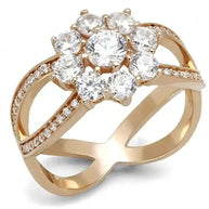 Rose Gold CZ Sterling Ring with clear cubic zirconia flower design and split shank band