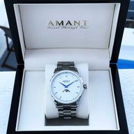 Santorini Moonphase Watch in stainless steel with moonphase dial in luxury presentation box