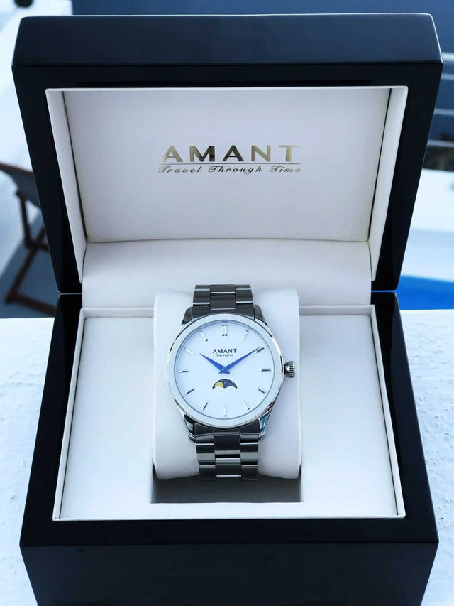 Santorini Moonphase Watch in stainless steel with moonphase dial in luxury presentation box