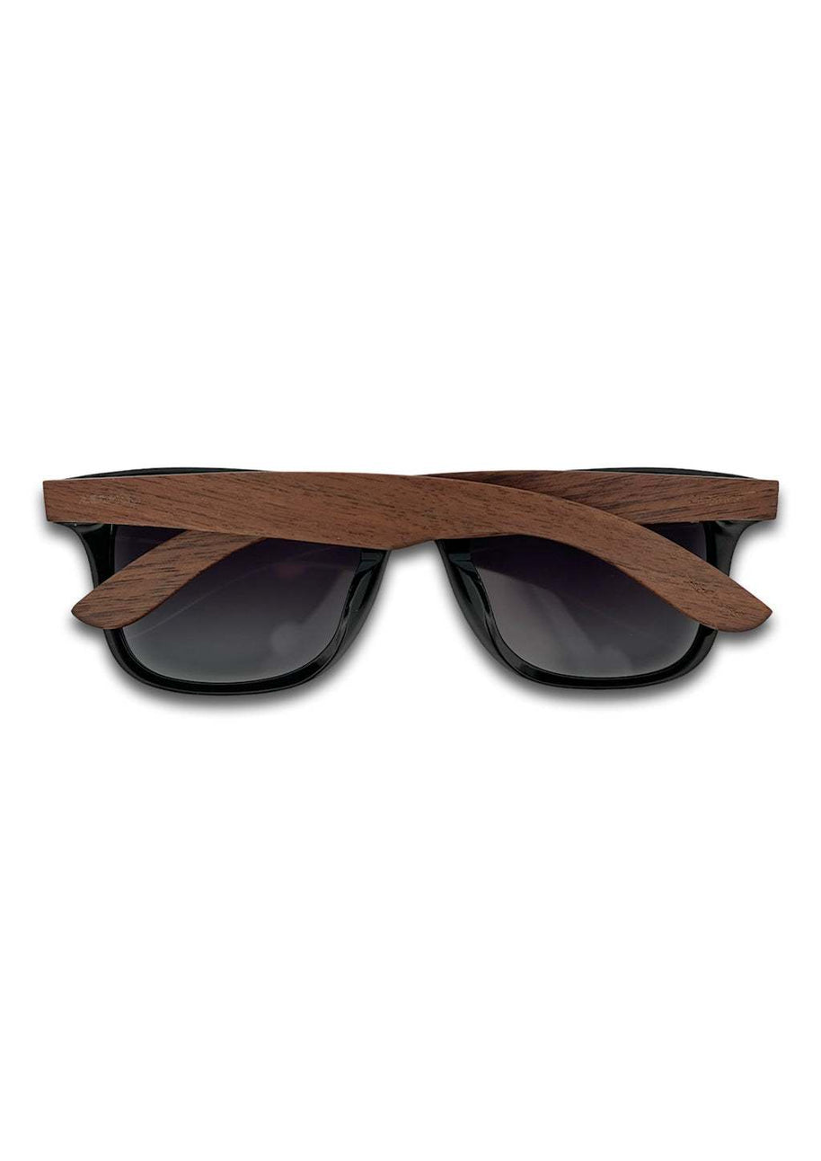 Eyewood ReInvented square sunglasses with walnut wood temples and black acetate frame, polarized UV400 lenses.