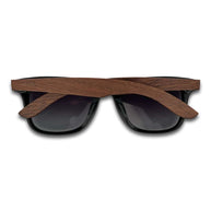 Eyewood ReInvented square sunglasses with walnut wood temples and black acetate frame, polarized UV400 lenses.