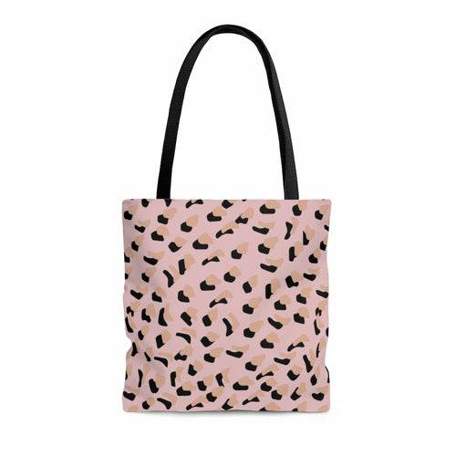 Pink leopard print medium shopper tote bag with black handles and lining