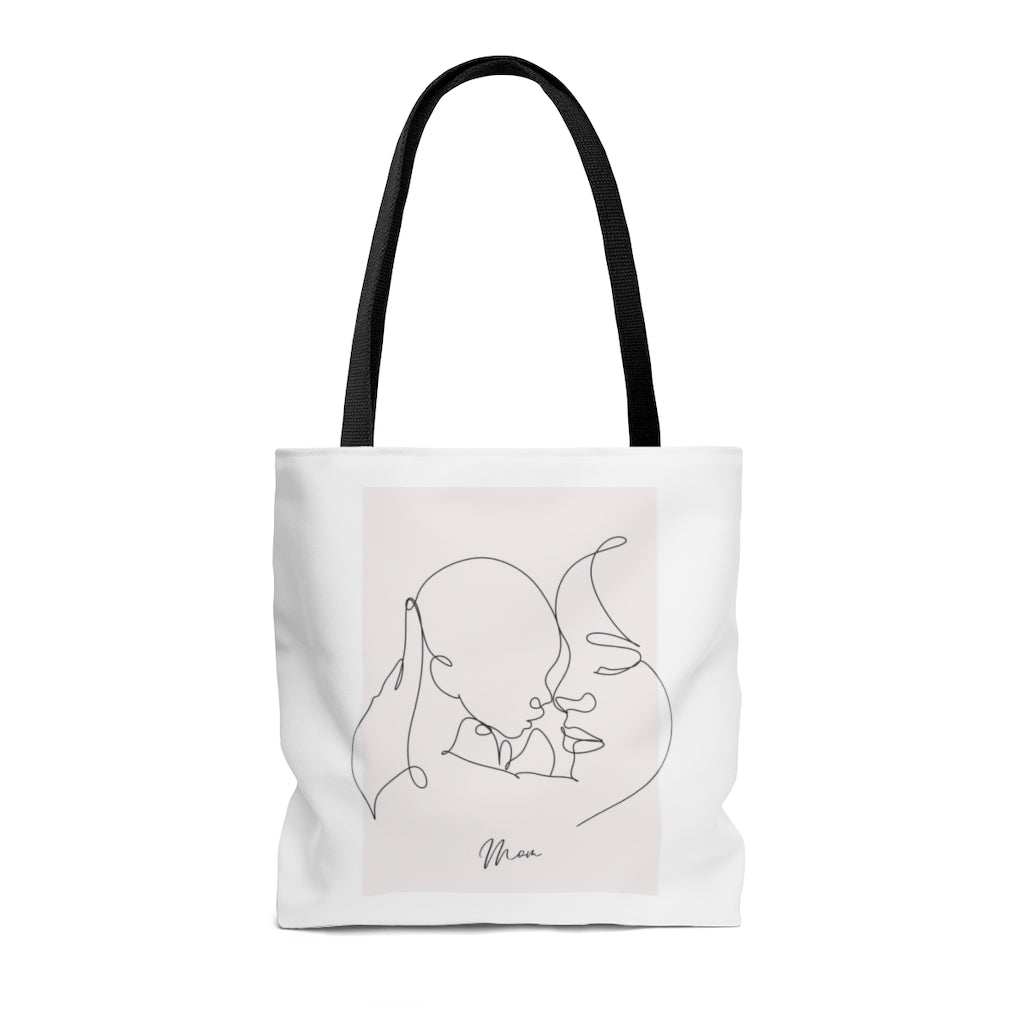 Mom and I medium shopper tote bag with black handles and minimalist line art design