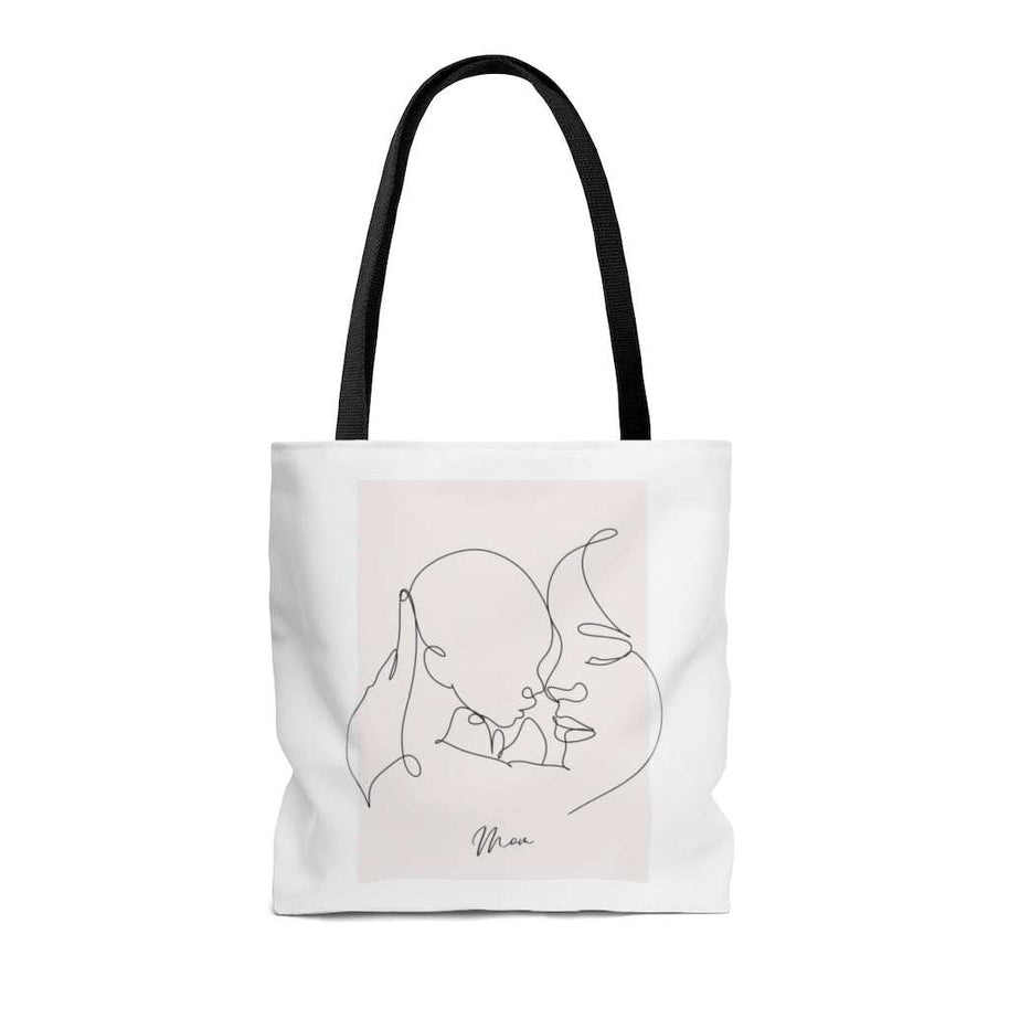 Mom and I medium shopper tote bag with black handles and minimalist line art design