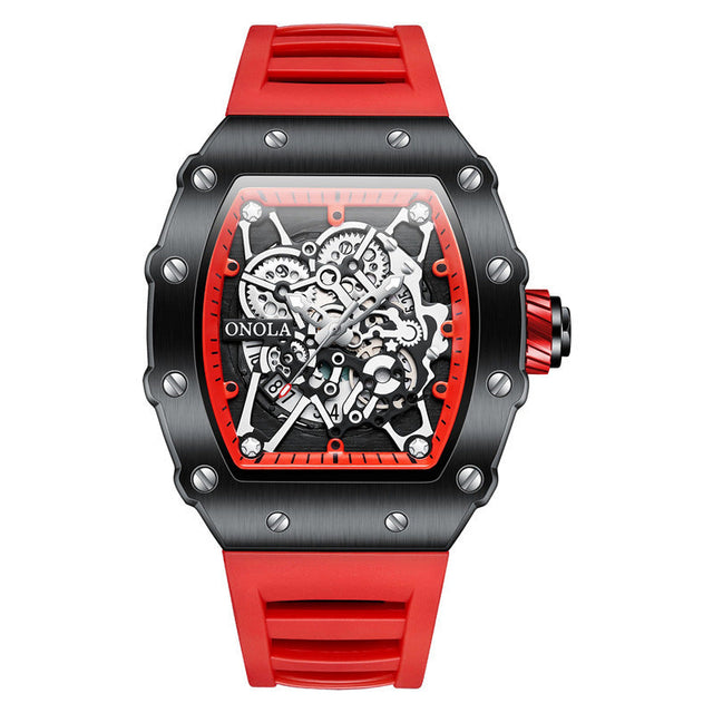 ONOLA Watch Automatic RX-Series with red silicone strap and black alloy case featuring visible mechanical gears and quartz movement