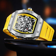 ONOLA Watch Automatic RX-Series with skeleton dial, alloy case, mineral-reinforced glass, and yellow silicone strap