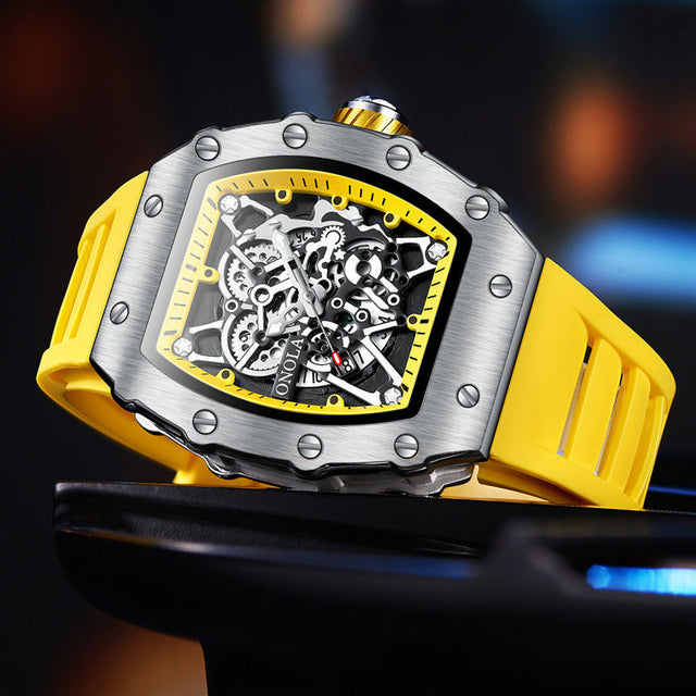 ONOLA Watch Automatic RX-Series with skeleton dial, alloy case, mineral-reinforced glass, and yellow silicone strap