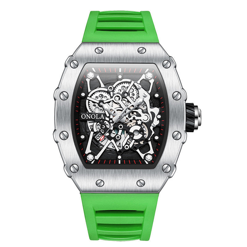 ONOLA Watch Automatic RX-Series with green silicone strap, alloy case, and skeleton dial showing quartz movement.