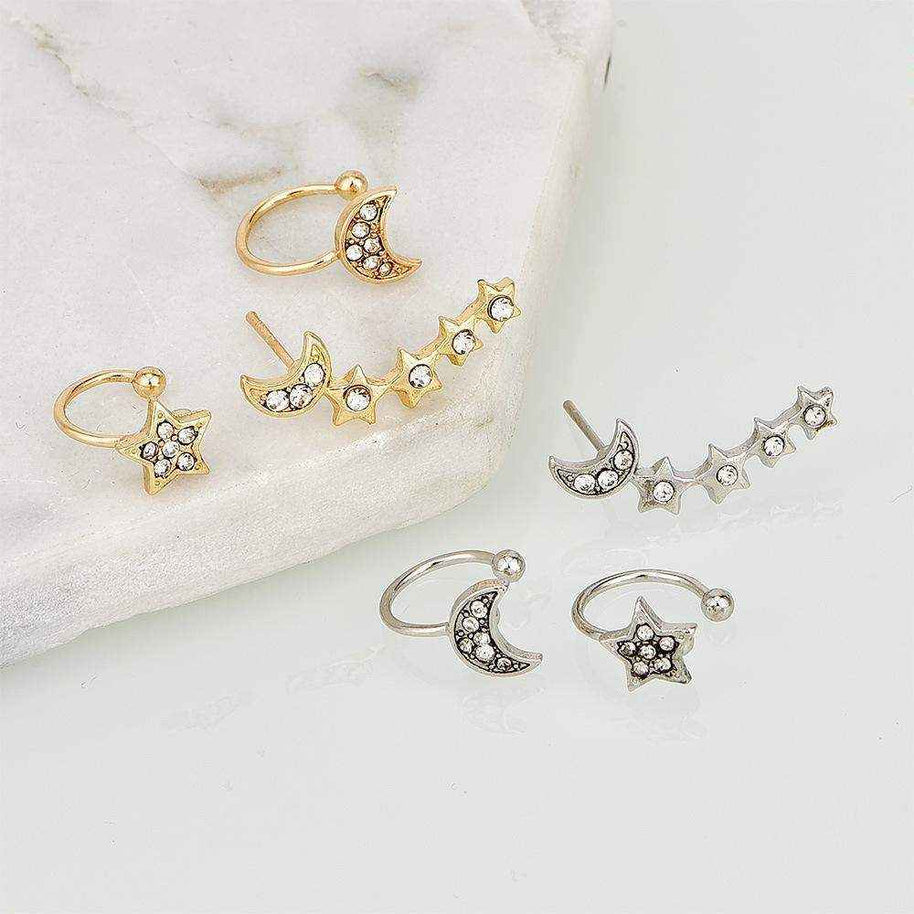 Moon - Star Earring and Cuff Set in gold and silver with crystal accents, clip-on celestial jewelry pieces for non-pierced ears
