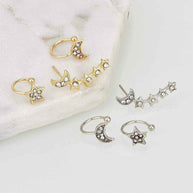 Moon - Star Earring and Cuff Set in gold and silver with crystal accents, clip-on celestial jewelry pieces for non-pierced ears