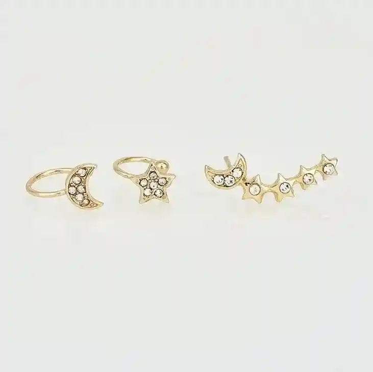 Gold Moon - Star Earring and cuff set with crystal accents, clip-on, celestial jewelry