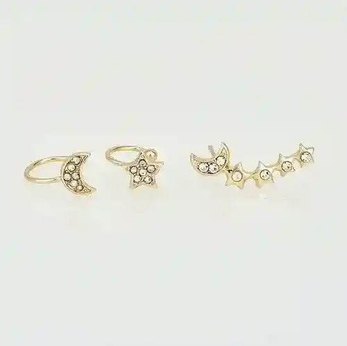 Gold Moon - Star Earring and cuff set with crystal accents, clip-on, asymmetrical design