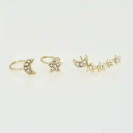 Gold Moon - Star Earring and cuff set with crystal accents, clip-on, asymmetrical design