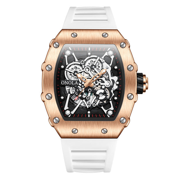 ONOLA Watch Automatic RX-Series with rose gold alloy case, skeleton dial, and white silicone strap