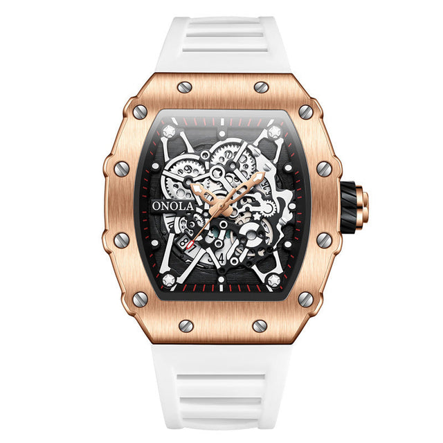 ONOLA Watch Automatic RX-Series with rose gold alloy case, skeleton dial, and white silicone strap