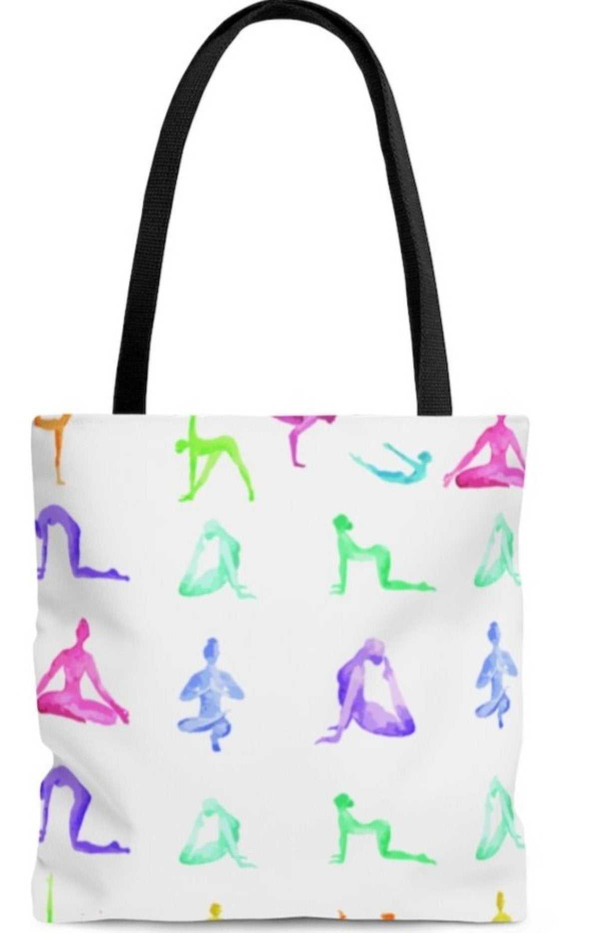 Yoga Sanctuary Everyday Tote Bag with colorful yoga pose print and black handles