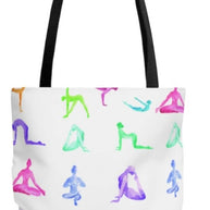 Yoga Sanctuary Everyday Tote Bag with colorful yoga pose print and black handles