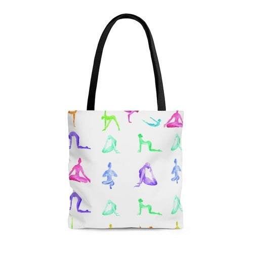 Yoga Sanctuary Everyday Tote Bag with colorful yoga pose pattern, black cotton handles, and durable polyester material.