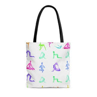 Yoga Sanctuary Everyday Tote Bag with colorful yoga pose pattern, black cotton handles, and durable polyester material.