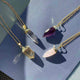 Glow Crystal Quartz Necklace collection featuring gold-plated chains with crystal quartz, rose quartz, amethyst, and smoky quartz pendants